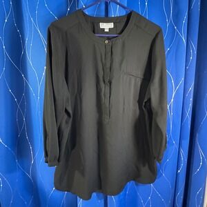 M Collection Black Long Sleeve Tunic Shirt Top Womens XL Pleated Front Pocket
